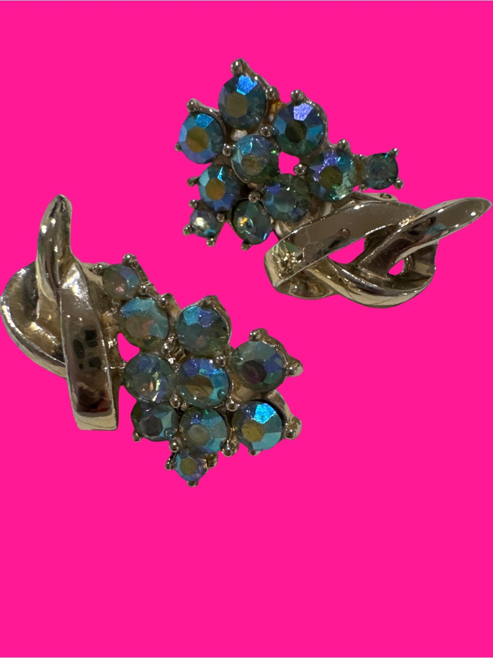Blue Aurora Crystal Cluster Clip-On Earrings vintage